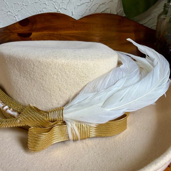 Vintage 1960s Wide Brim Hat Dolores M Chestnut Ivory Wool Felt Feather Gold Trim